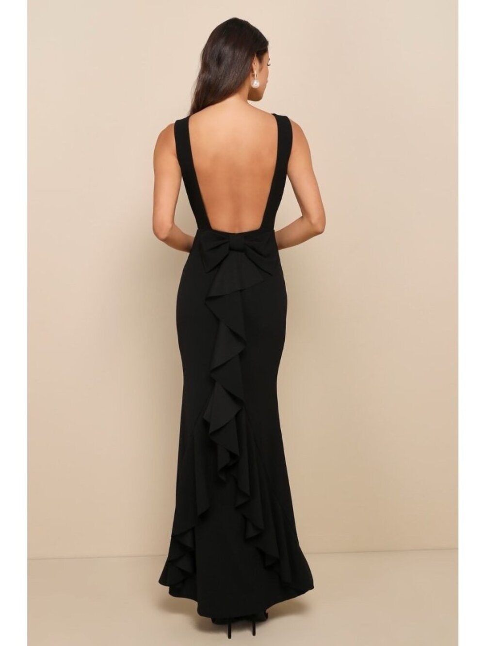 Lulus Exquiste Refinement Maxi Dress Sz Large Black Low Back Bow Mermaid Gown - Picture 6 of 9